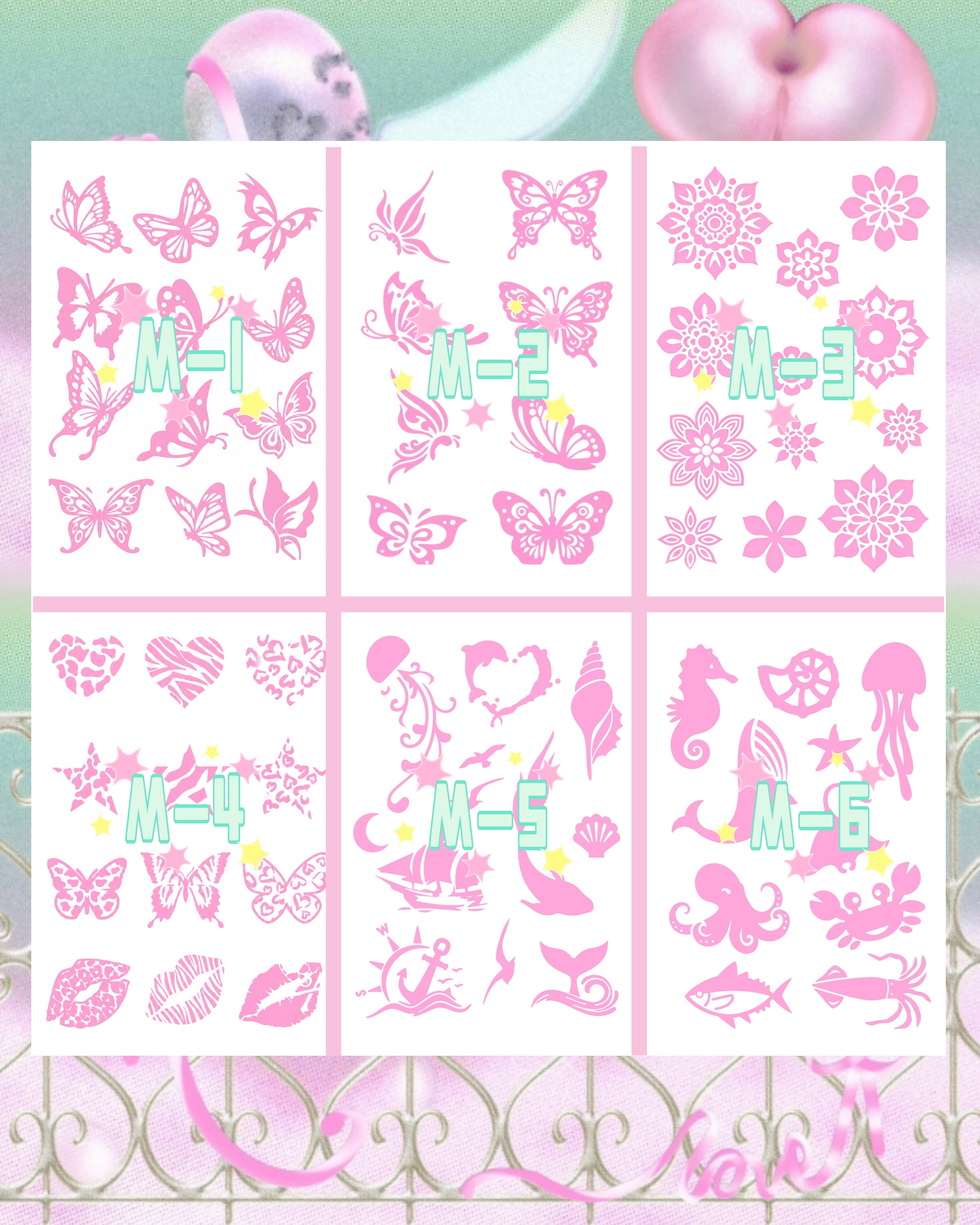 6 Sheets Set DIY Glitter Tattoos- M series