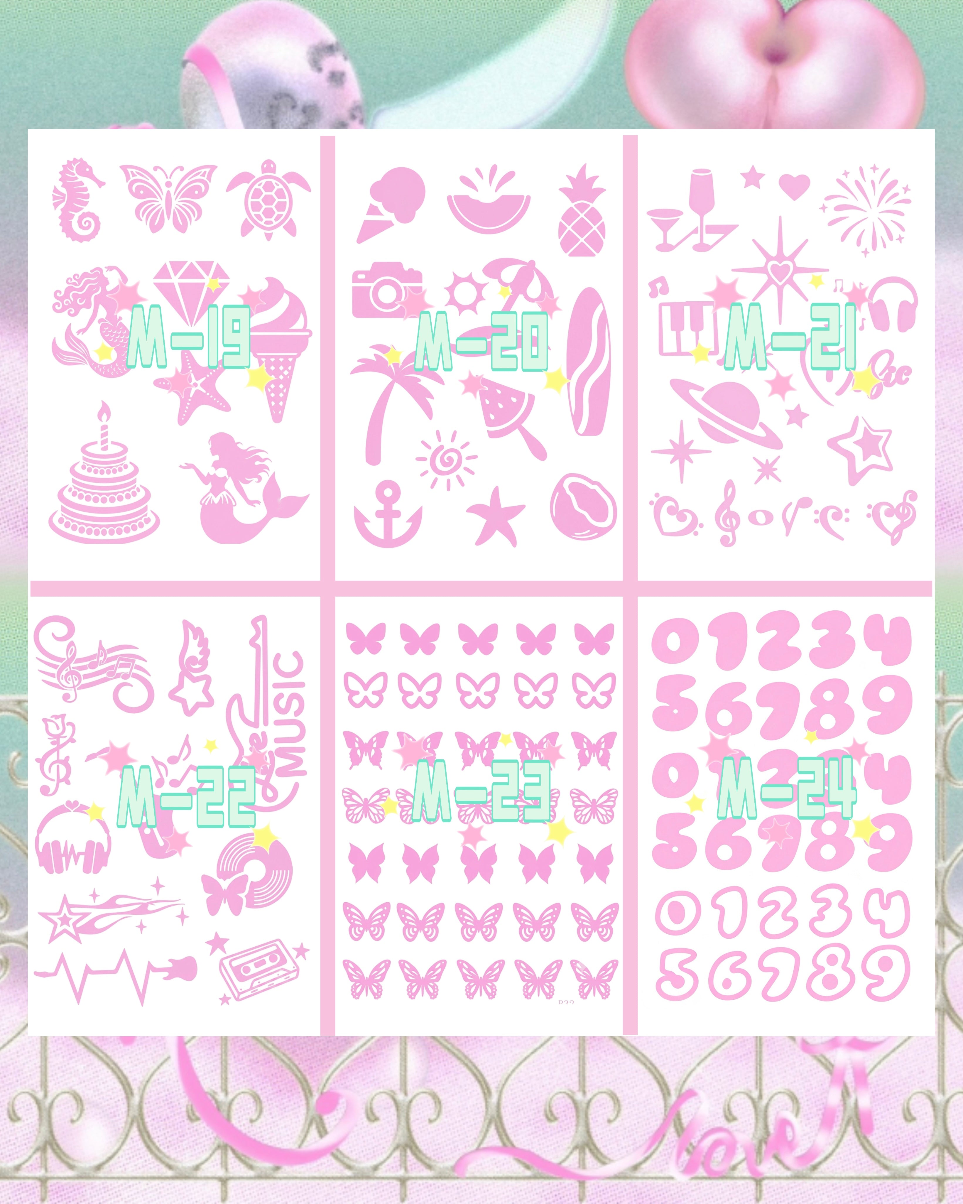 6 Sheets Set DIY Glitter Tattoos- M series
